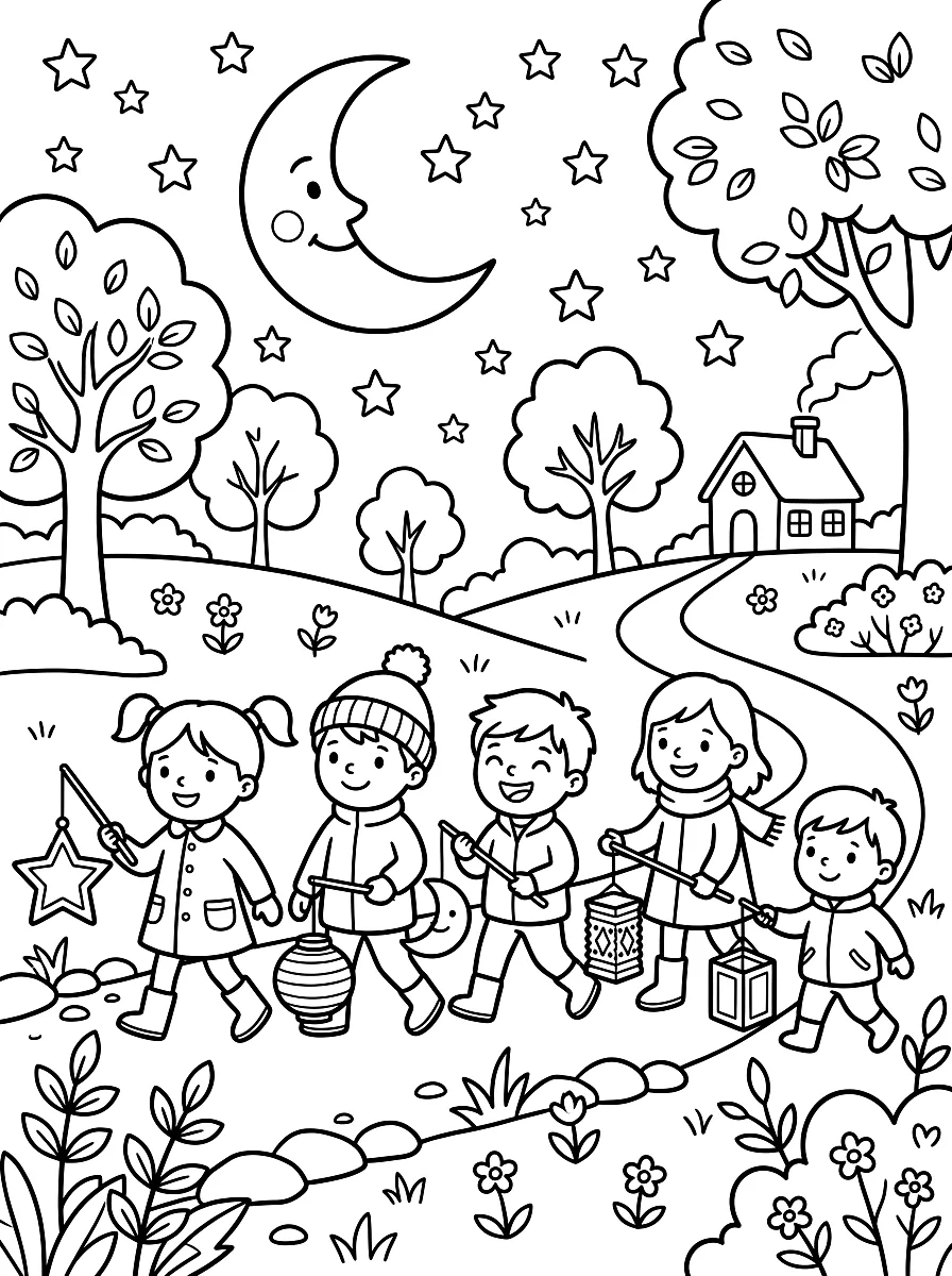 Coloriage : Des enfants marchent avec des lanternes dans la nuit