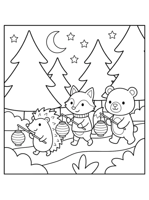Colouring page: A hedgehog, a fox and a bear walk one behind the other along a forest path carrying lanterns on sticks, under the moon and stars