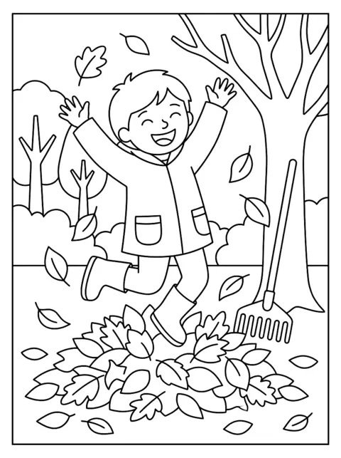 Colouring page: A child in a raincoat and rubber boots jumps laughing into a big pile of leaves, next to it a rake and a tree with falling leaves