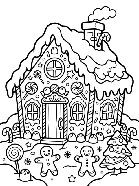 Ausmalbild: Lebkuchenhaus mit Zuckerguss und Süßigkeiten