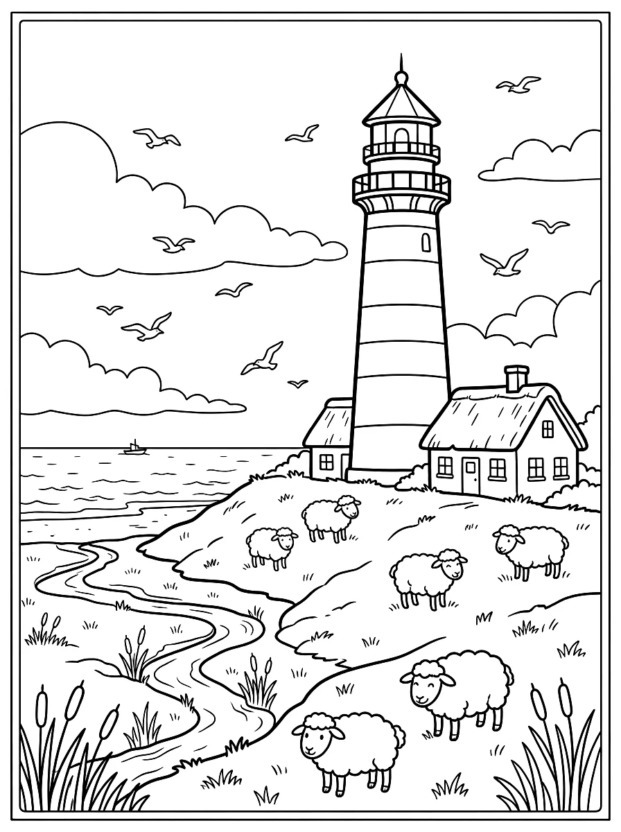 Coloriage : Phare rayé avec deux petites maisons sur la digue, des moutons, un chenal et des mouettes dans le ciel