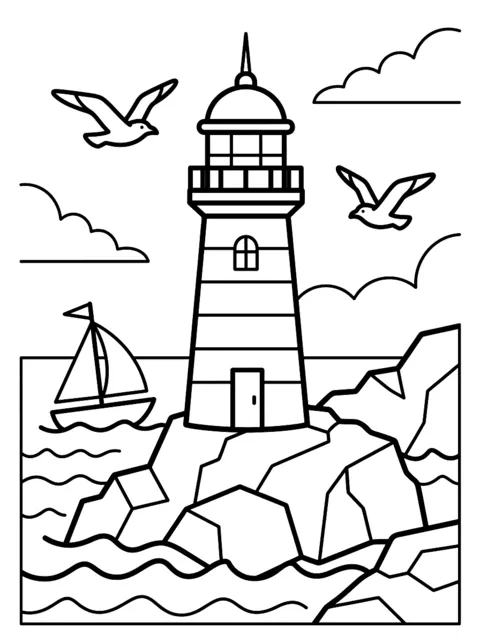 Ausmalbild: Leuchtturm an der Küste mit Möwen