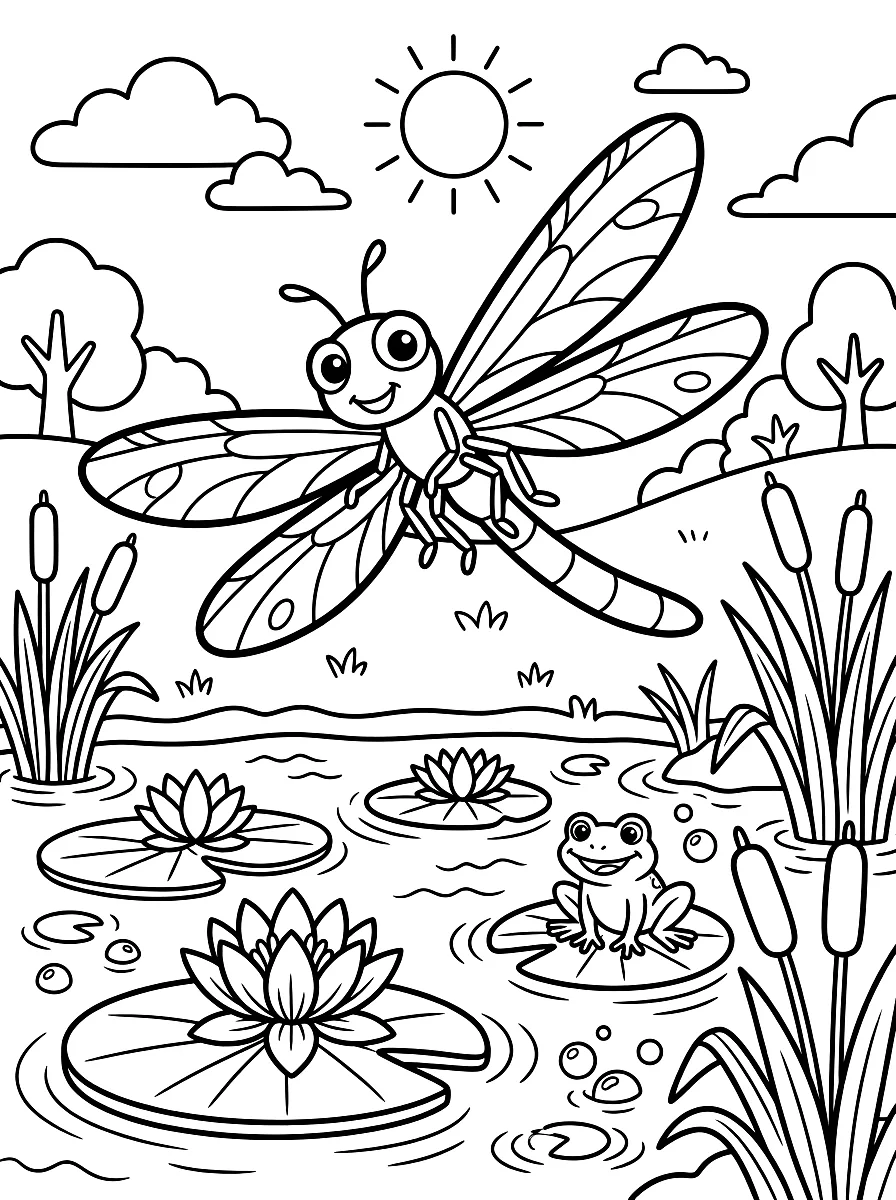 Kleurplaat: Libelle boven een vijver met waterlelies