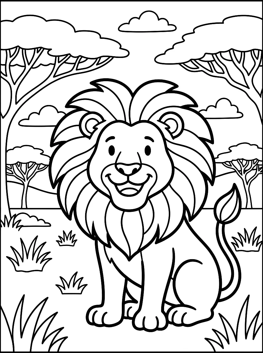 Colouring page: Smiling lion with a big mane on the savannah