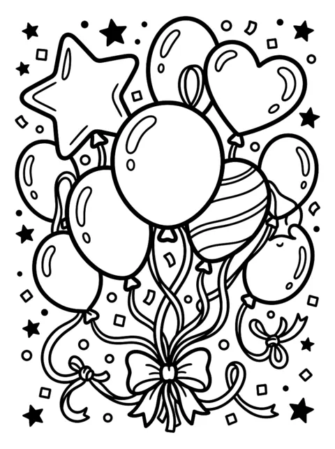 Ausmalbild: Bündel Luftballons mit Bändern