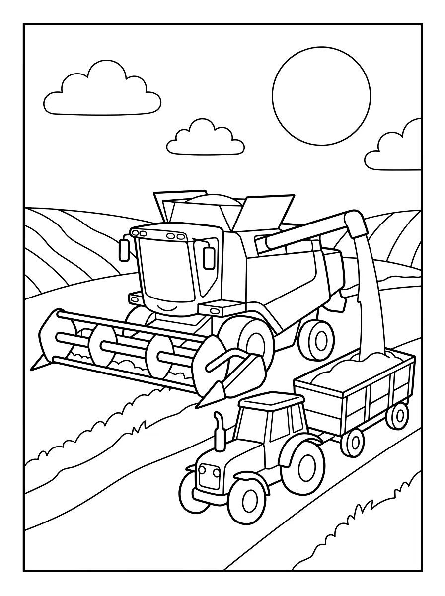 Colouring page: A big combine harvester harvests a cornfield while a tractor with a trailer drives alongside, catching the grain