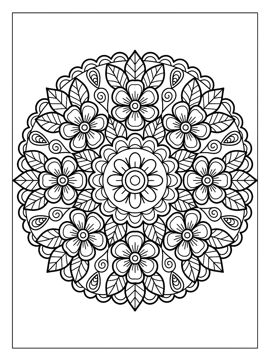 Ausmalbild: Rundes Mandala aus Blüten und Blättern