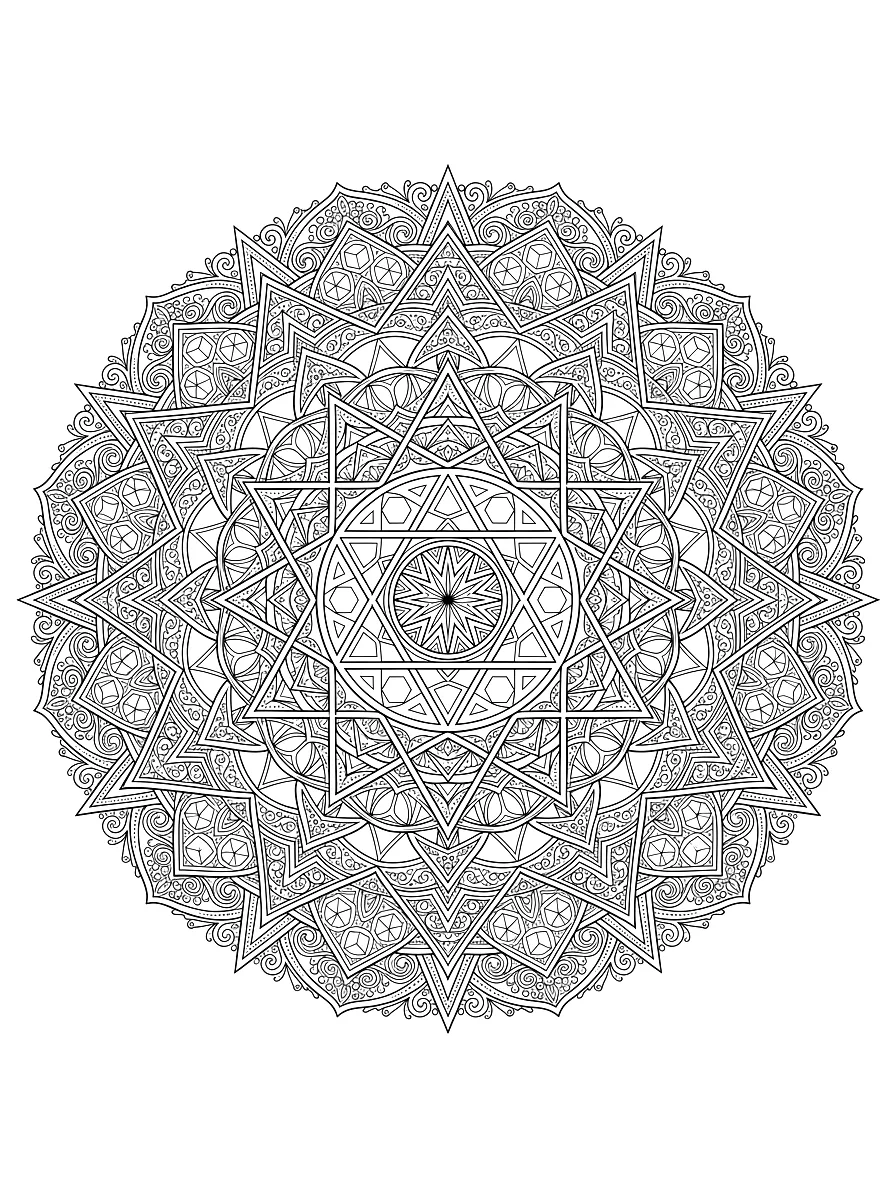 Disegno da colorare: Mandala di triangoli, cerchi e stelle
