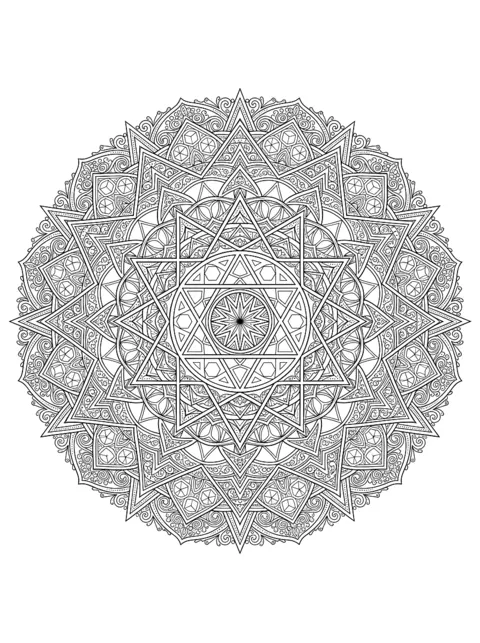 Disegno da colorare: Mandala di triangoli, cerchi e stelle