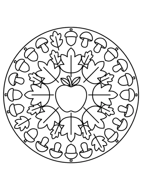Colouring page: Simple round mandala with large shapes: an apple in the middle, surrounded by leaves, acorns and mushrooms