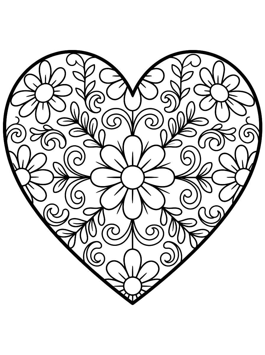 Colouring page: Heart-shaped mandala with blossoms