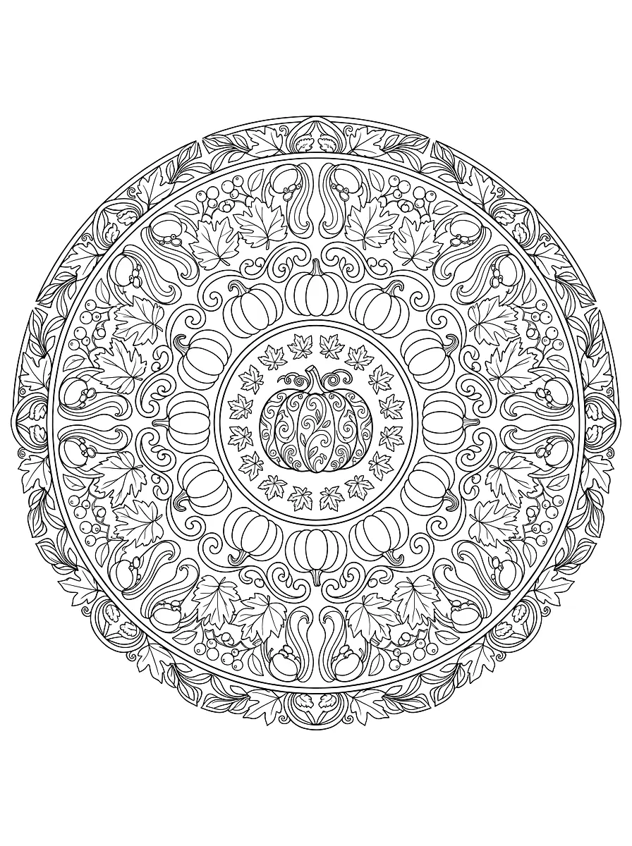 Fargeleggingsark: Rund mandala av gresskar, høstløv og ranker