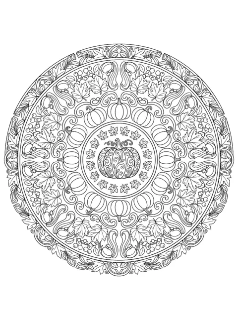Målarbild: Rund mandala av pumpor, höstlöv och rankor