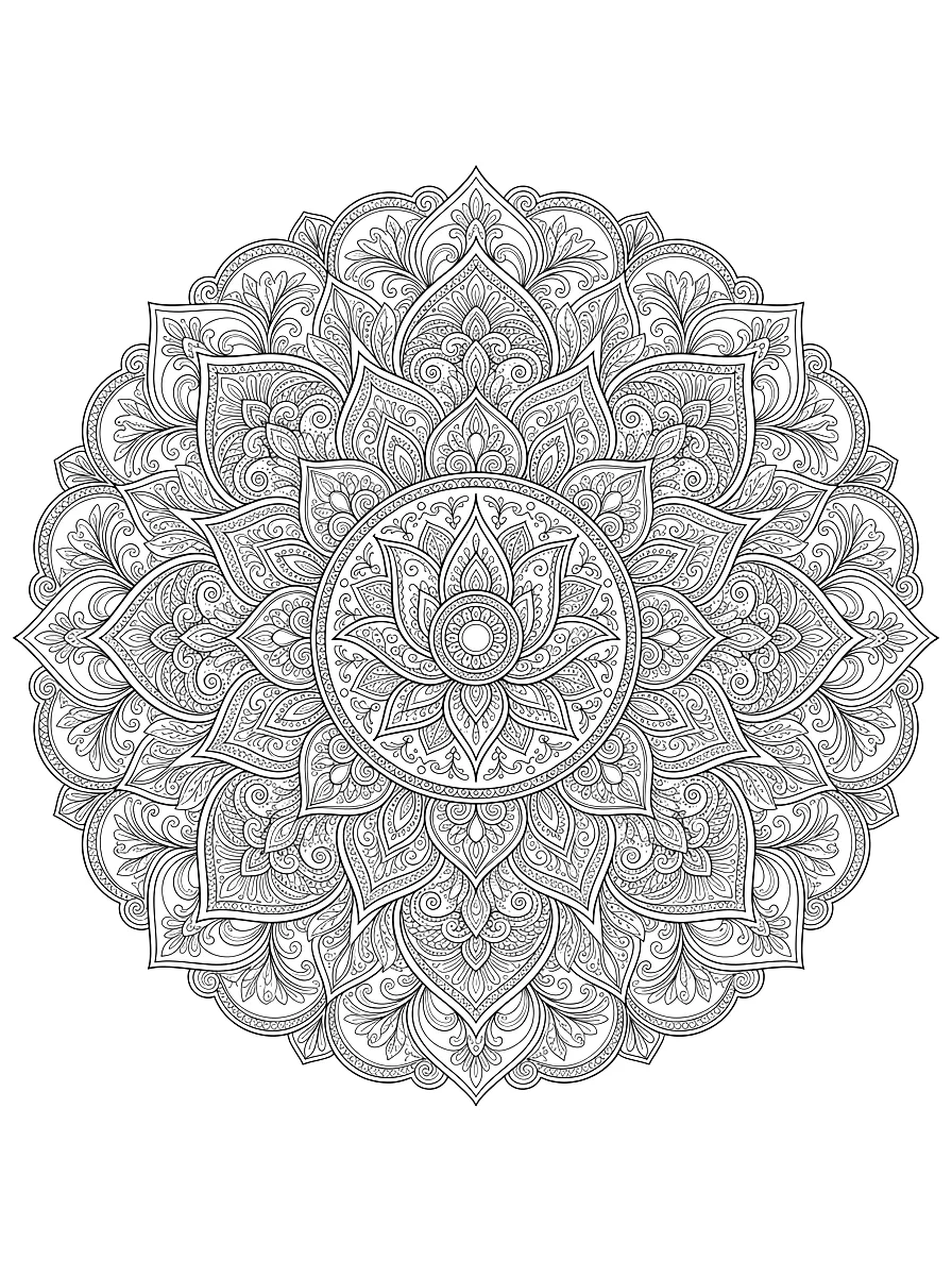 Coloriage : Mandala détaillé avec des fleurs de lotus