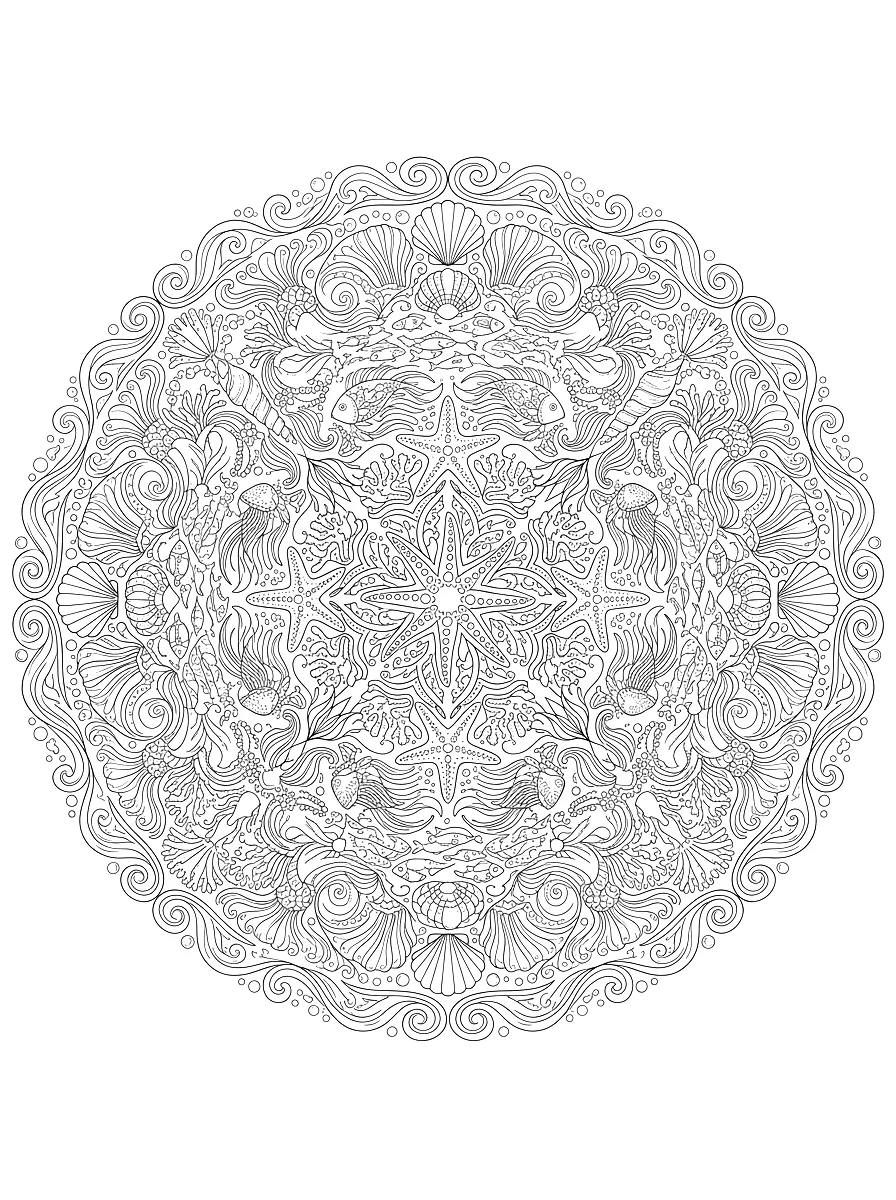 Disegno da colorare: Mandala circolare fatto di onde, conchiglie e pesci