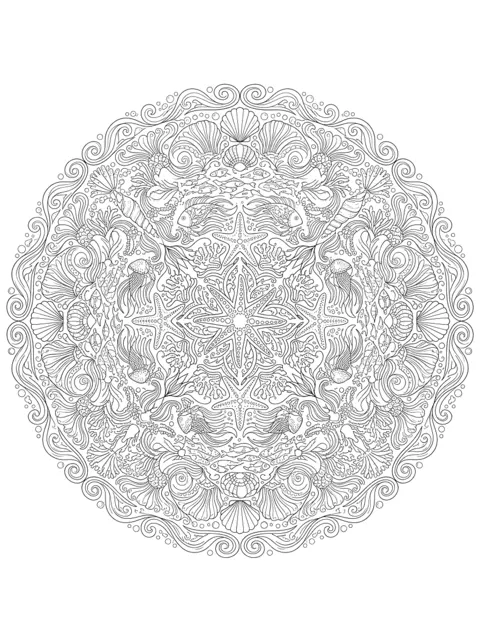 Disegno da colorare: Mandala circolare fatto di onde, conchiglie e pesci