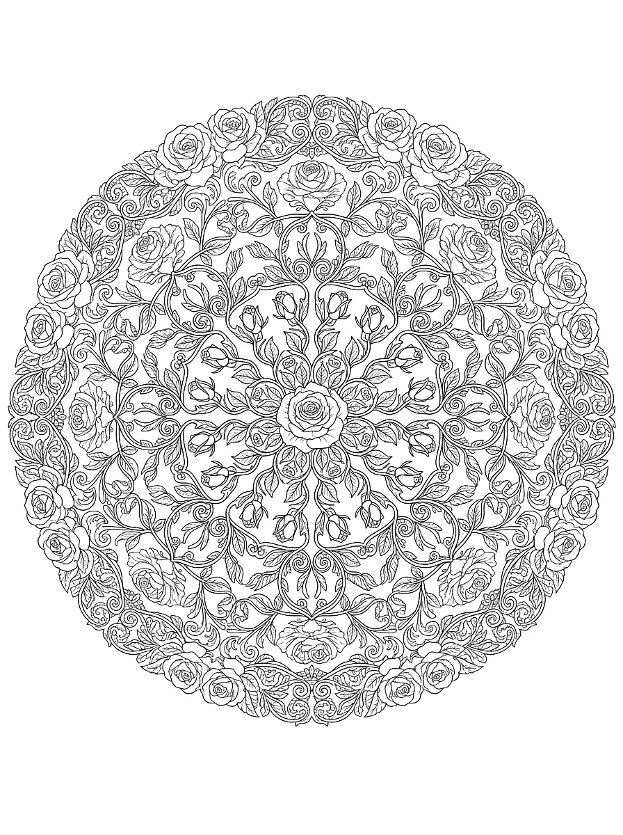 Disegno da colorare: Mandala di rose e viticci