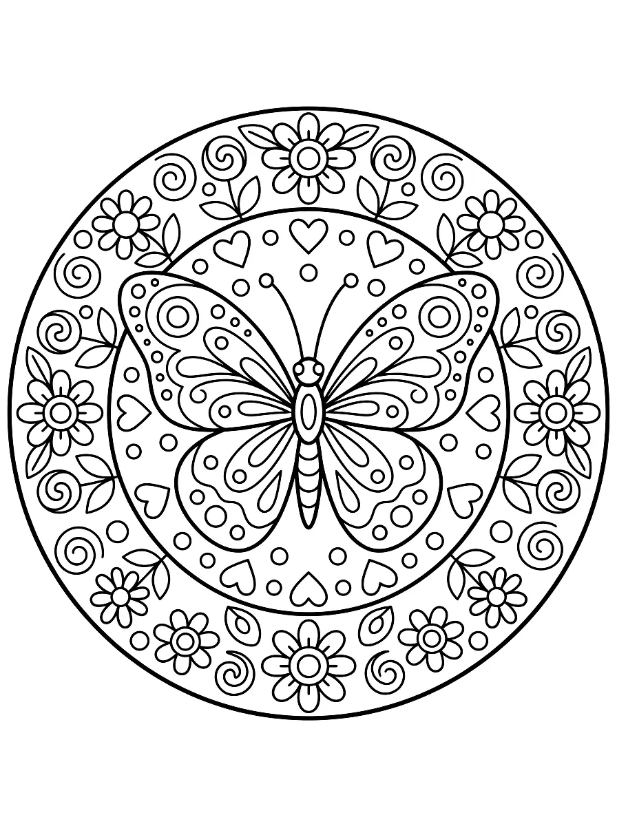 Colouring page: Round mandala with a big butterfly in the middle, surrounded by flowers, hearts and swirls