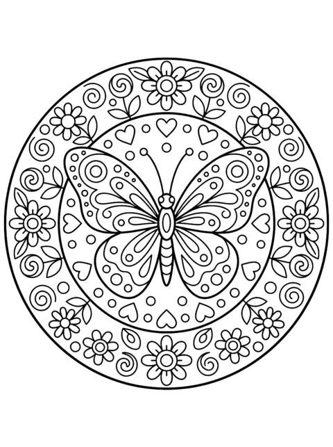 Colouring page: Round mandala with a big butterfly in the middle, surrounded by flowers, hearts and swirls