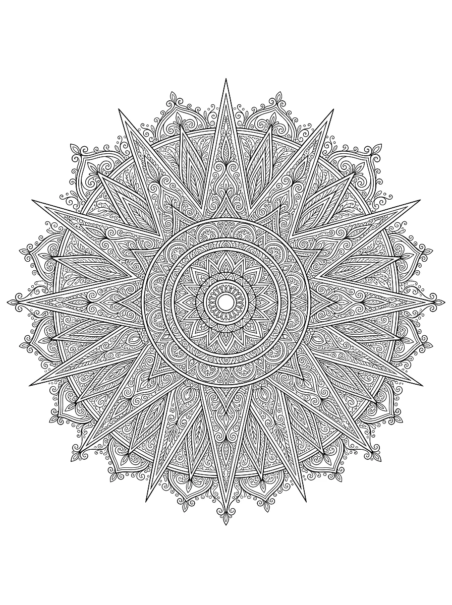 Disegno da colorare: Mandala con raggi di sole e ornamenti fini