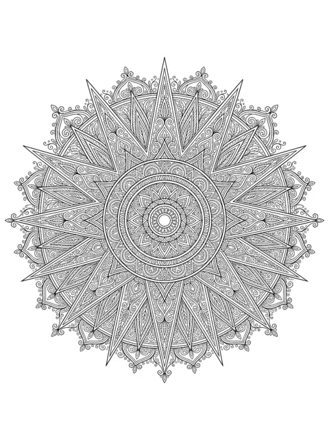 Disegno da colorare: Mandala con raggi di sole e ornamenti fini
