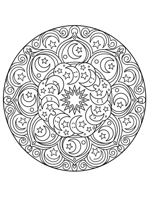 Ausmalbild: Rundes Mandala mit Sternen und Monden