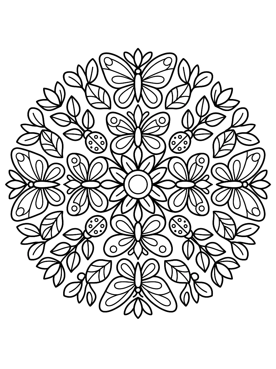 Colouring page: Round mandala with butterflies and ladybirds