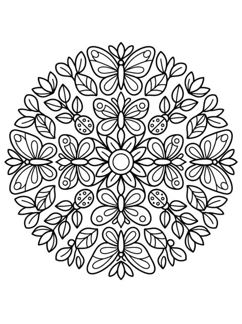 Ausmalbild: Rundes Mandala mit Schmetterlingen und Marienkäfern