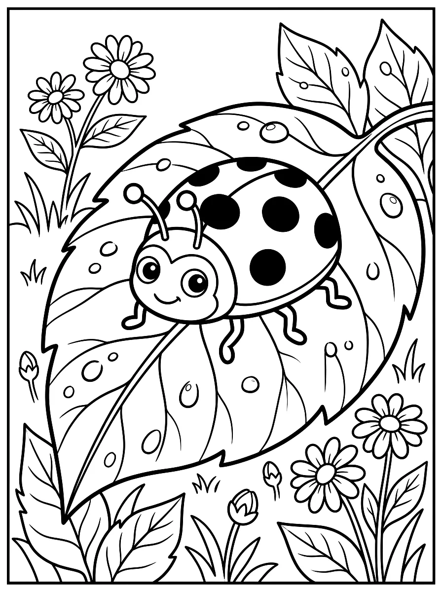 Desenho para colorir: Joaninha pousada numa folha grande com gotas de orvalho
