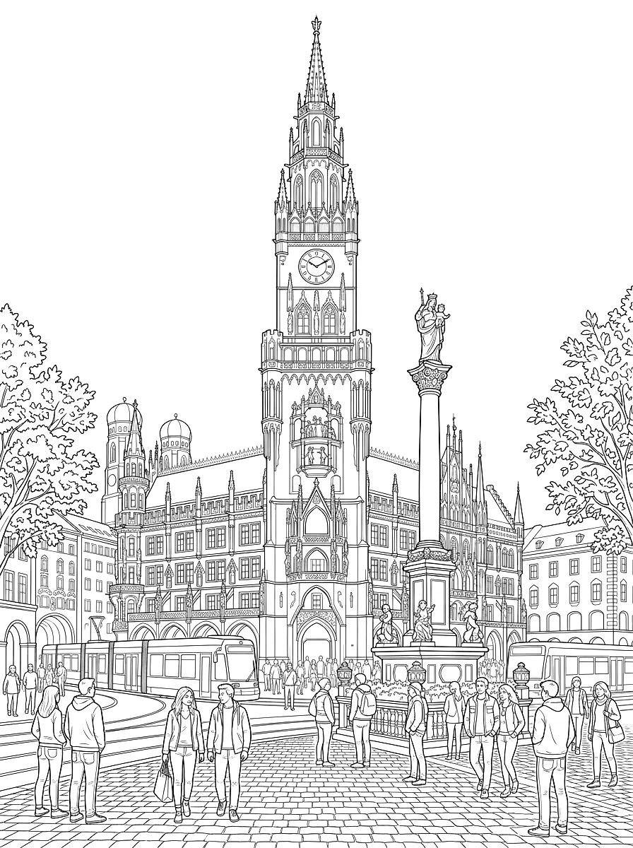 Coloriage : Le nouvel hôtel de ville de Munich avec sa haute tour et son carillon, la colonne de la Vierge devant