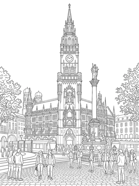 Kleurplaat: Het Nieuwe Raadhuis van München met hoge toren en klokkenspel, ervoor de Mariazuil