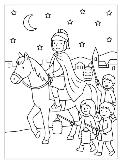 Colouring page: St Martin in a helmet and cloak rides ahead on a horse, children with lanterns walking behind him