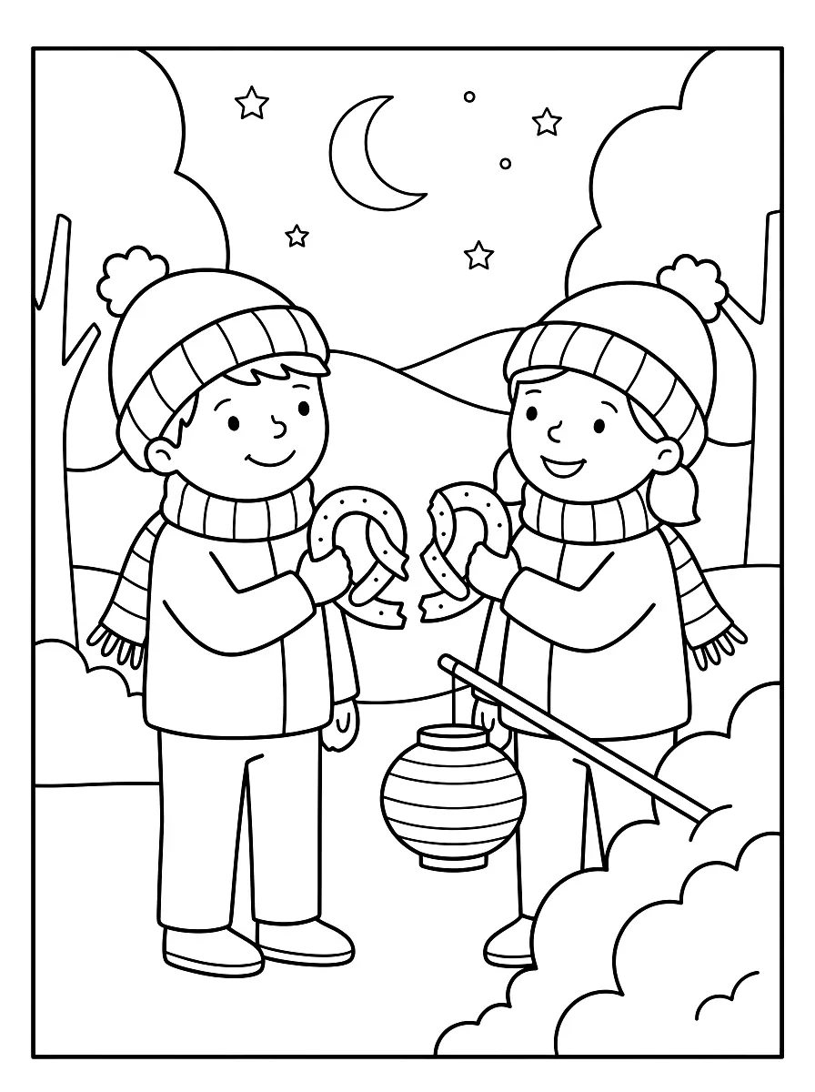 Colouring page: Two children in hats and scarves share a big pretzel, each holding one half, a lantern stands beside them under the moon and stars