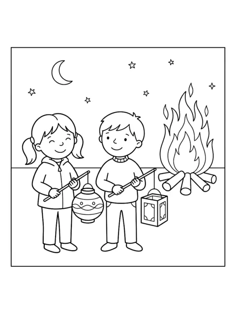 Colouring page: Two children with lanterns on sticks stand next to a St. Martin's bonfire under the moon and stars