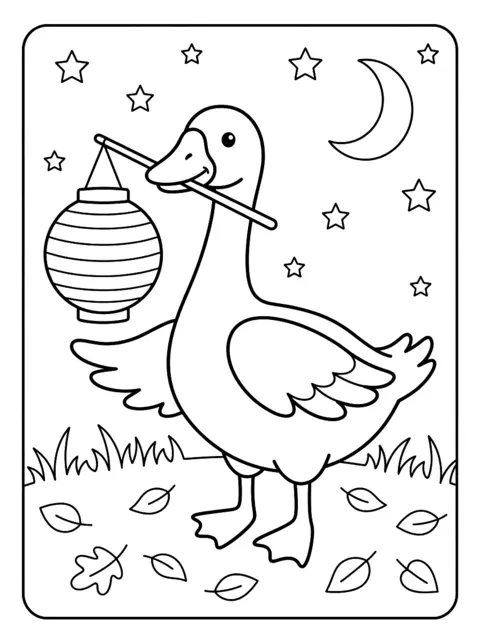 Colouring page: A cheerful goose holds a round lantern on a stick in its beak, surrounded by autumn leaves and stars