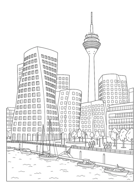 Kleurplaat: Scheve, golvende gebouwen aan de haven, erachter de Rheinturm