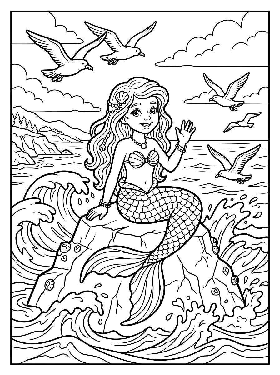 Colouring page: Mermaid sitting on a rock in the sea, with waves and seagulls