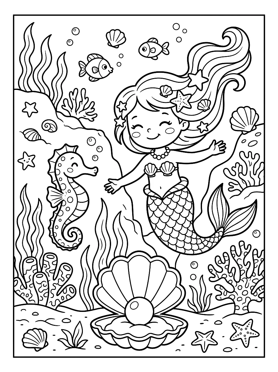 Colouring page: Mermaid with seahorses and a treasure of shells