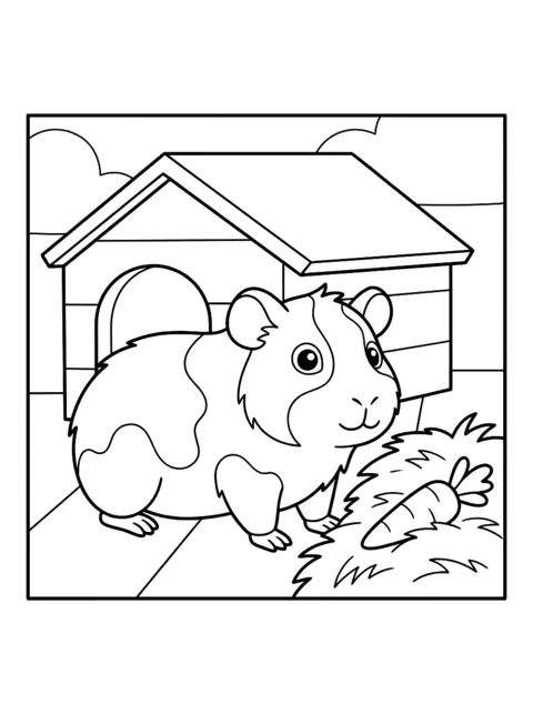 Colouring page: A guinea pig sits in front of its small wooden house, next to hay and a carrot