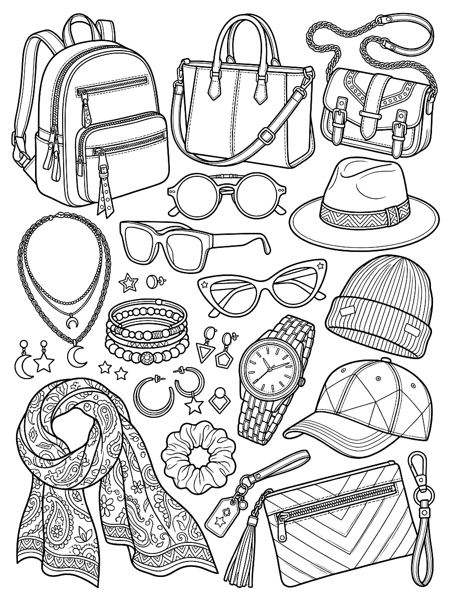 Ausmalbild: Taschen, Sonnenbrillen, Hüte und Schmuck