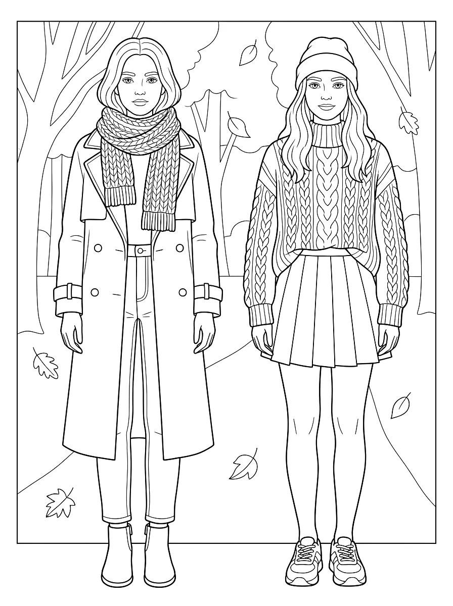 Colouring page: Two young models in autumn outfits: a long coat with scarf and boots, and a cable-knit sweater with skirt and beanie, with falling leaves