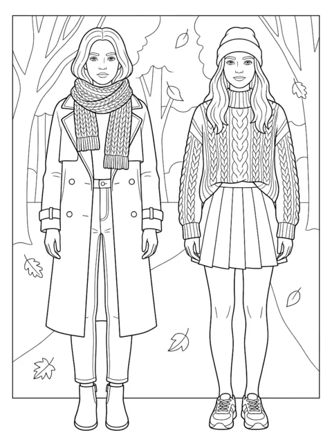 Colouring page: Two young models in autumn outfits: a long coat with scarf and boots, and a cable-knit sweater with skirt and beanie, with falling leaves