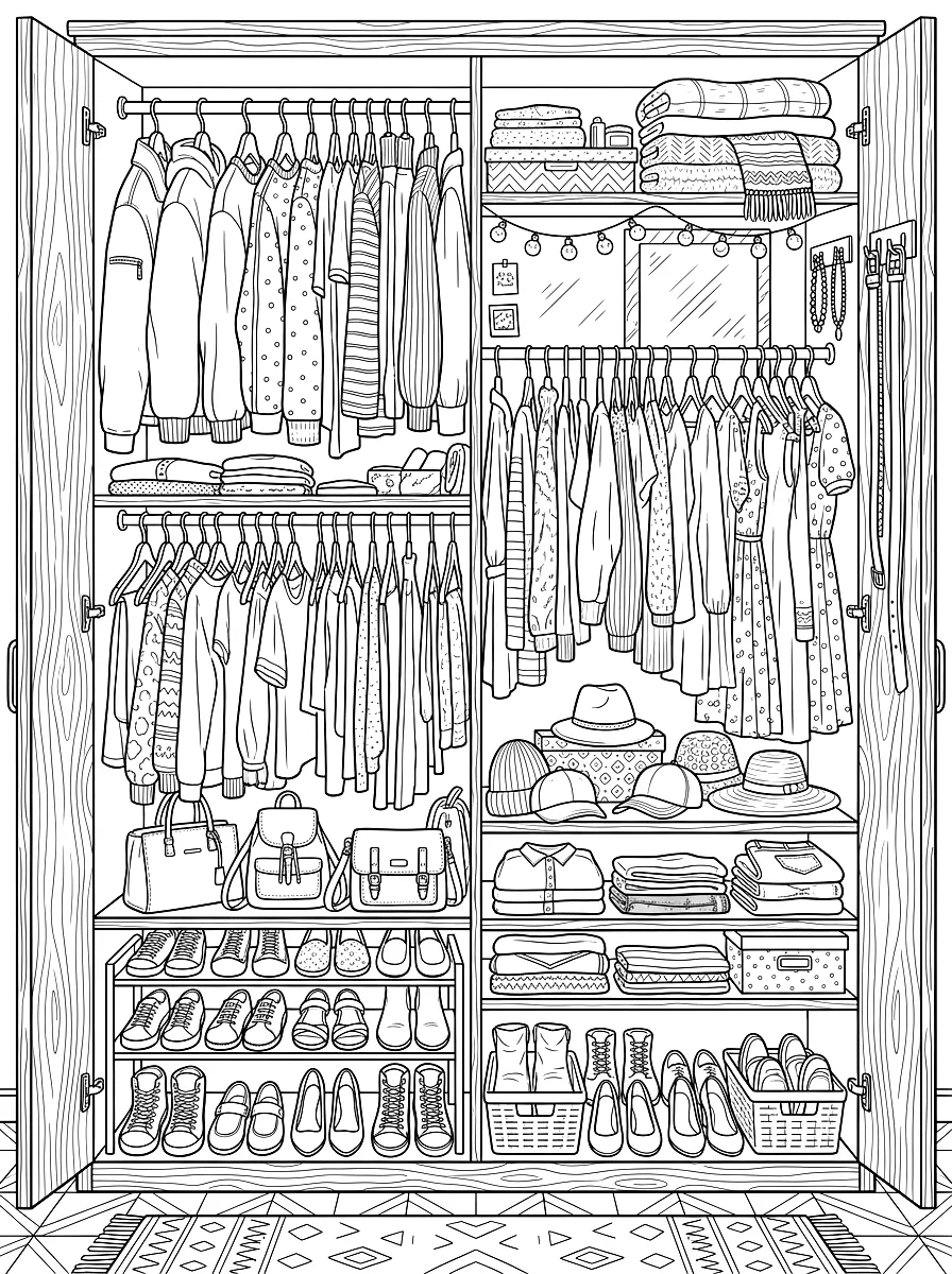 Ausmalbild: Offener Kleiderschrank mit Kleidung, Taschen und Schuhen