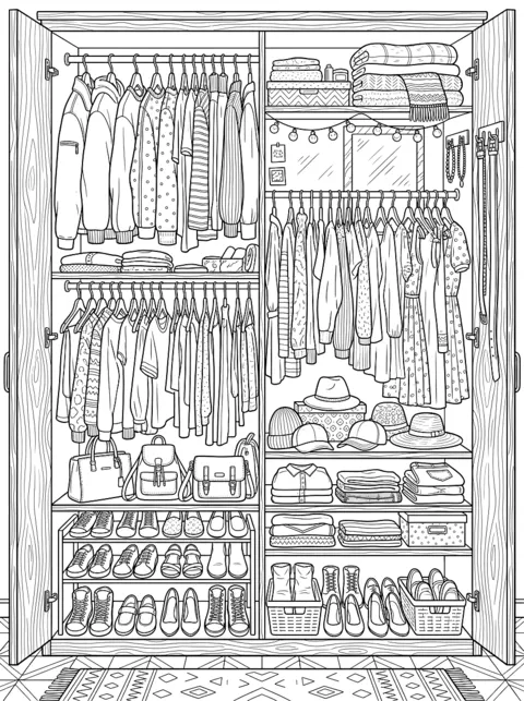 Ausmalbild: Offener Kleiderschrank mit Kleidung, Taschen und Schuhen