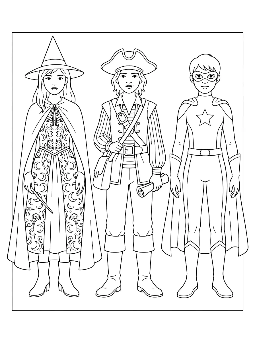 Colouring page: Three young models in self-designed costumes: a witch with pointed hat, cape and wand, a pirate with tricorn hat, bag and treasure map, and a superhero costume with jumpsuit, cape, eye mask and a star on the chest