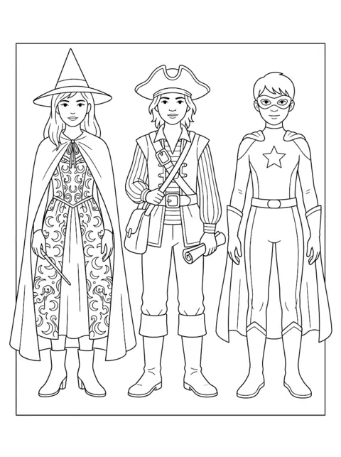 Colouring page: Three young models in self-designed costumes: a witch with pointed hat, cape and wand, a pirate with tricorn hat, bag and treasure map, and a superhero costume with jumpsuit, cape, eye mask and a star on the chest