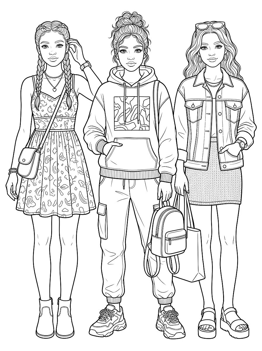 Dibujo para colorear: Tres jóvenes modelos con distintos conjuntos: ropa urbana, vestido y chaqueta vaquera
