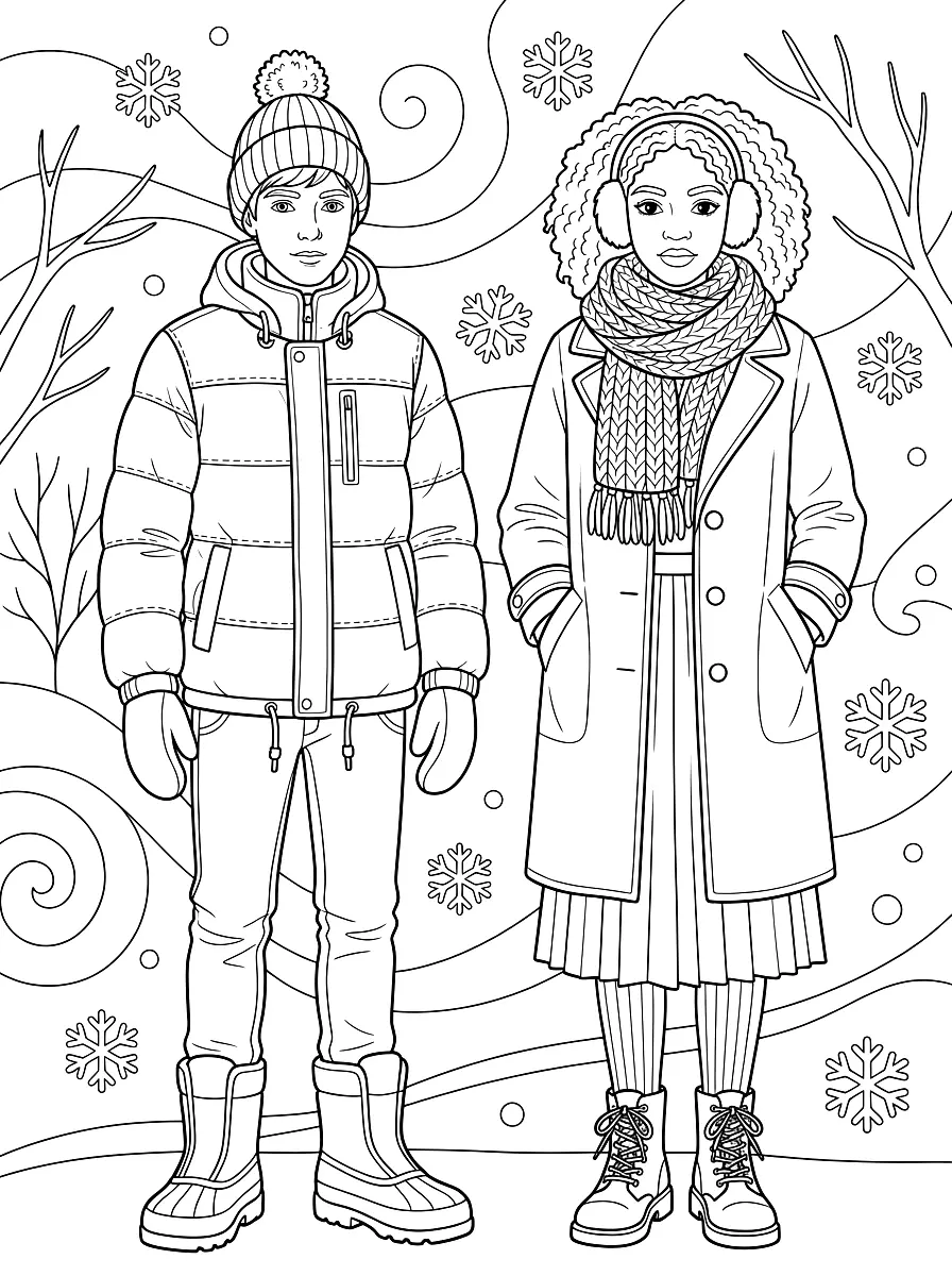 Colouring page: Two young models in winter outfits: a puffer jacket with bobble hat and mittens, and a wool coat with scarf and boots, with snowflakes