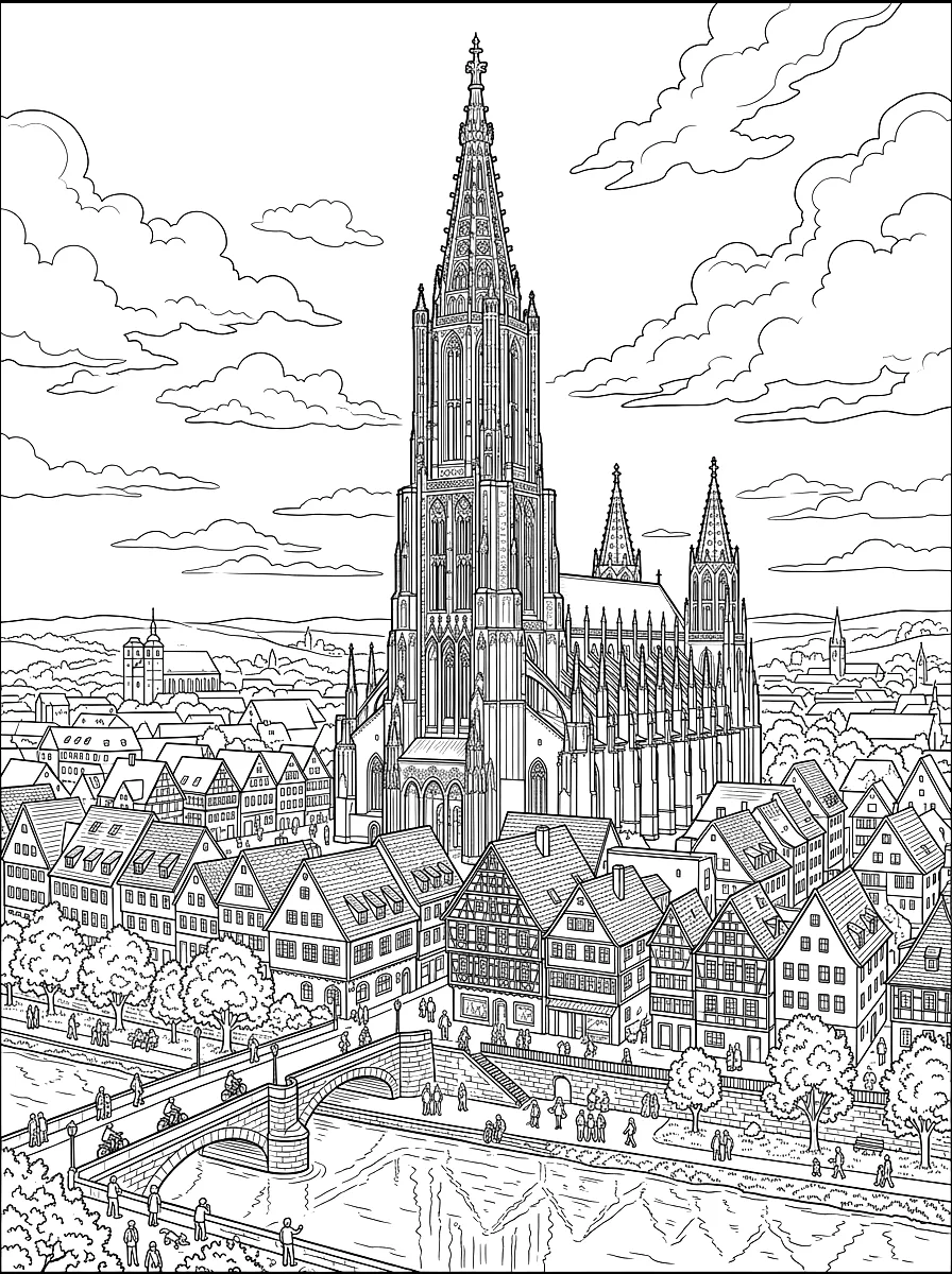 Ausmalbild: Das Ulmer Münster mit dem höchsten Kirchturm der Welt über der Altstadt