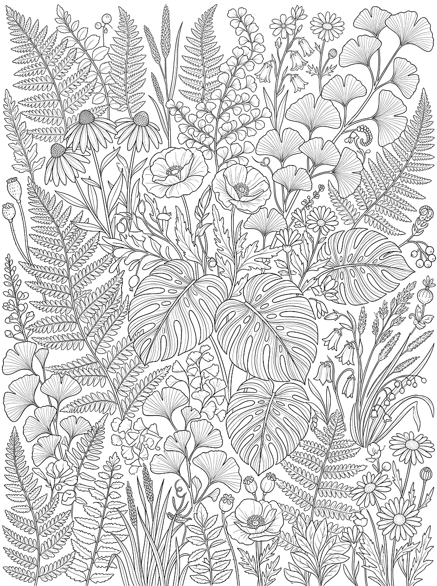 Dibujo para colorear: Helechos, hojas y flores en una composición densa
